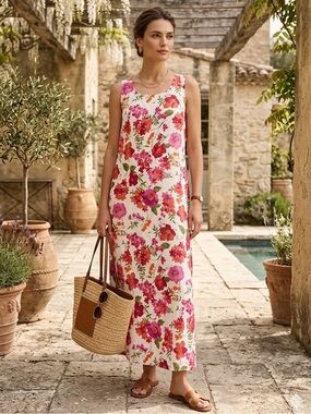 100% Linen Floral Cottagecore Maxi Dress - Floral Coastal Euro Summer- Size 10